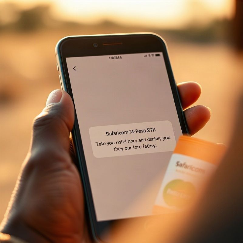 An M-Pesa STK push prompt on a smartphone screen next to a small product
