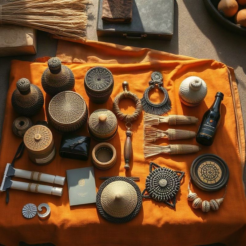 A flat-lay of handcrafted products in a Mombasa market setting