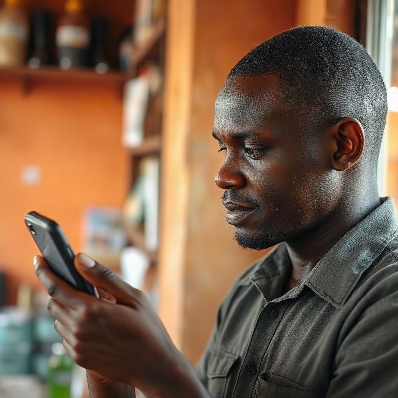 A Mombasa shopkeeper viewing a website on a mid-range Android phone
