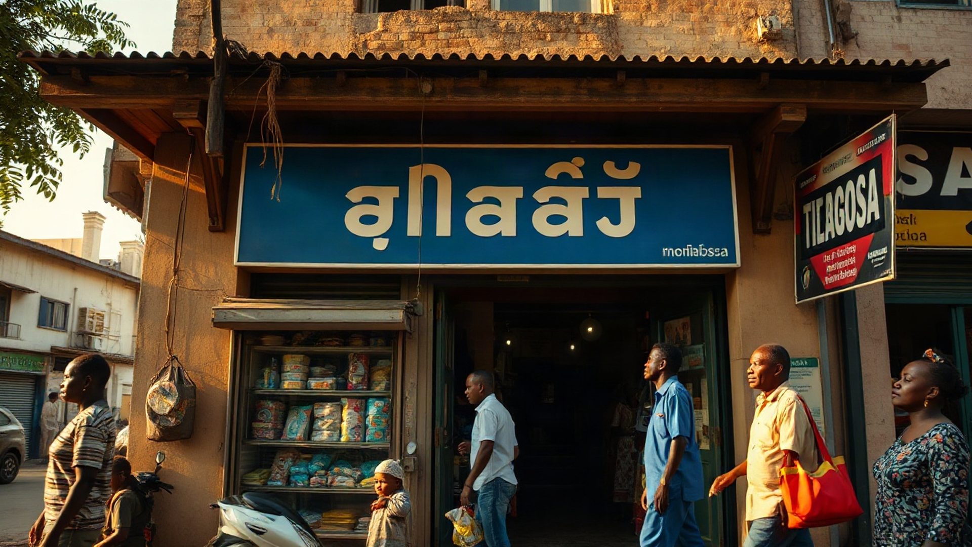 A busy Mombasa street-level shop front in golden morning light